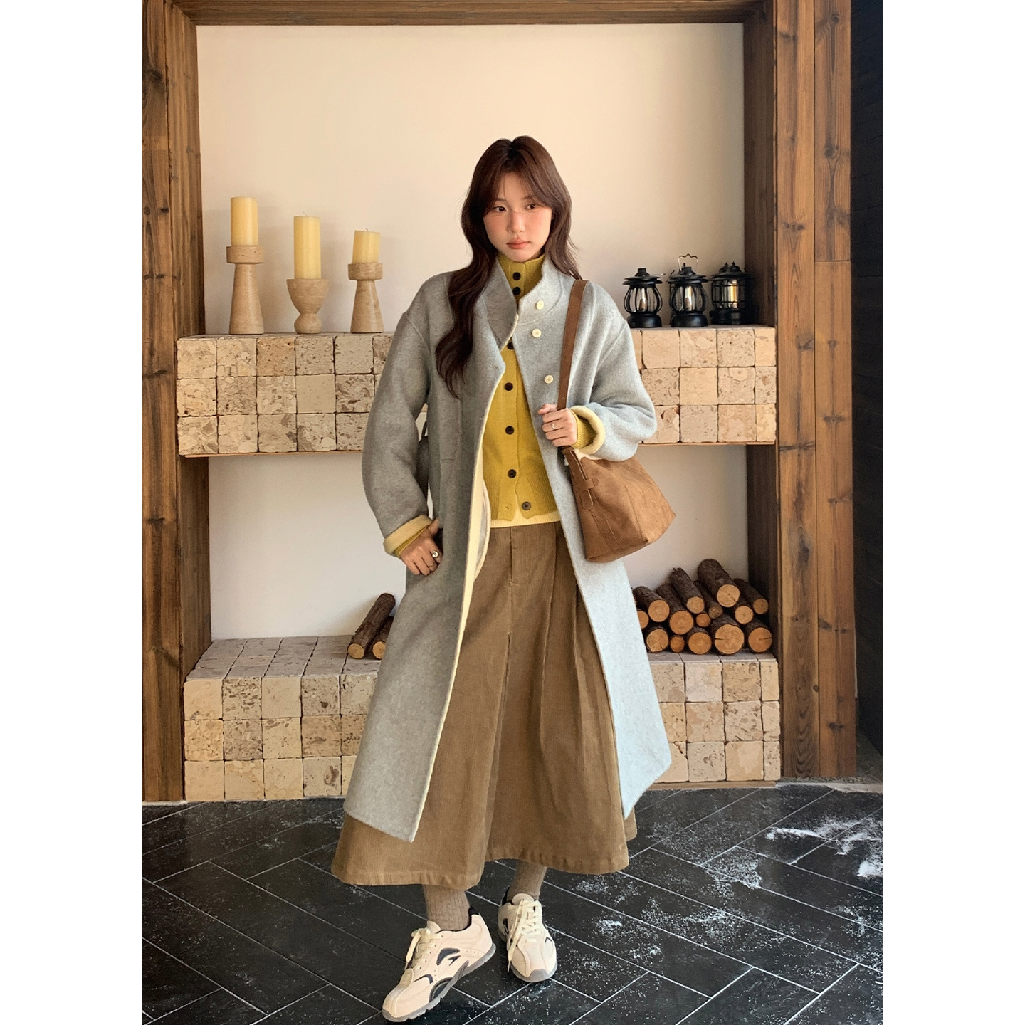 衣尔衫 高级慢调 羊毛中长款韩系立领双面呢女秋冬新款大衣0728