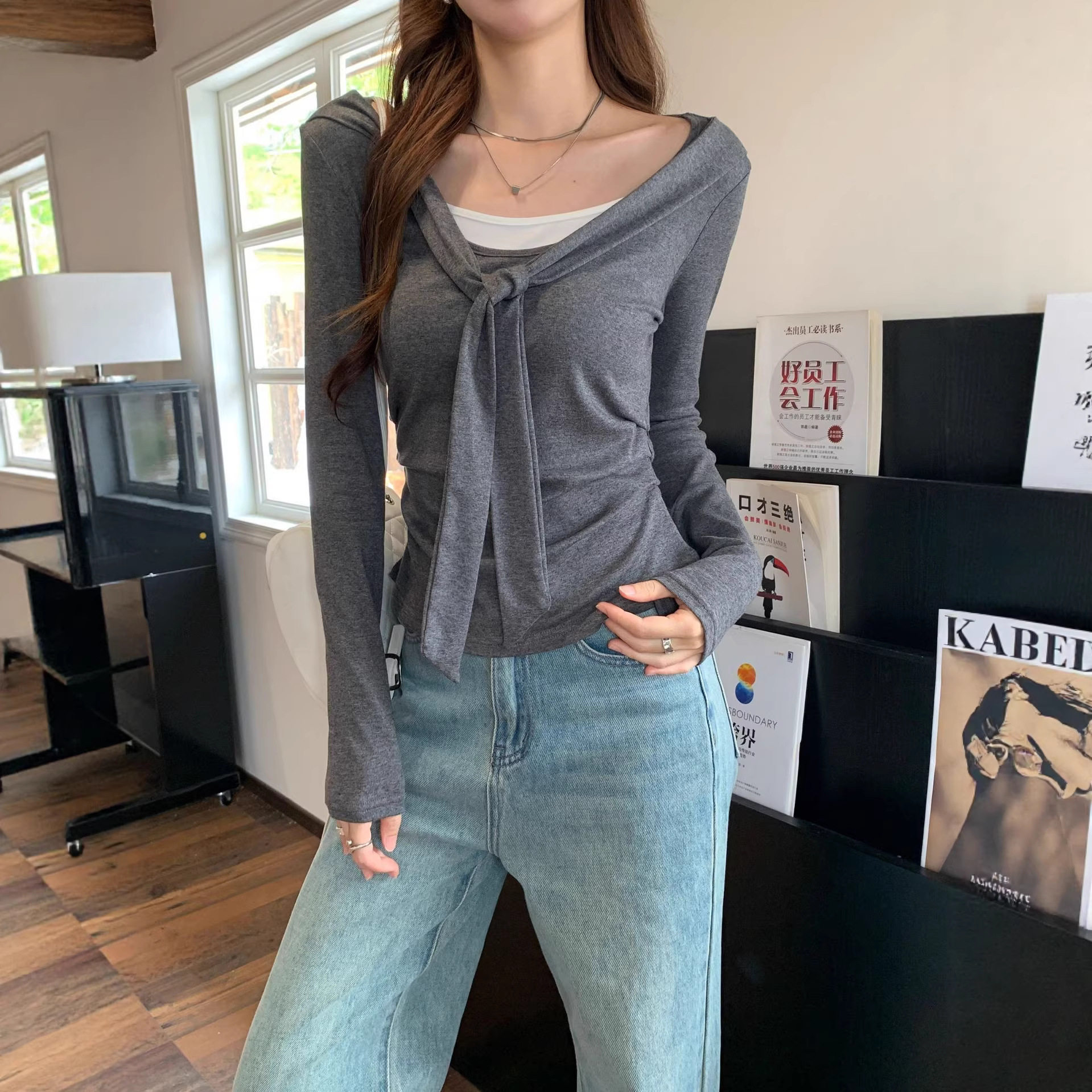 实拍#灰色披肩假两件海军领T恤女打底衫收腰显瘦褶皱长袖早春季