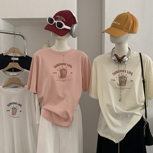 欧玛莱 字母爆米花印花圆领宽松短袖中长款T恤春夏季休闲女装6298