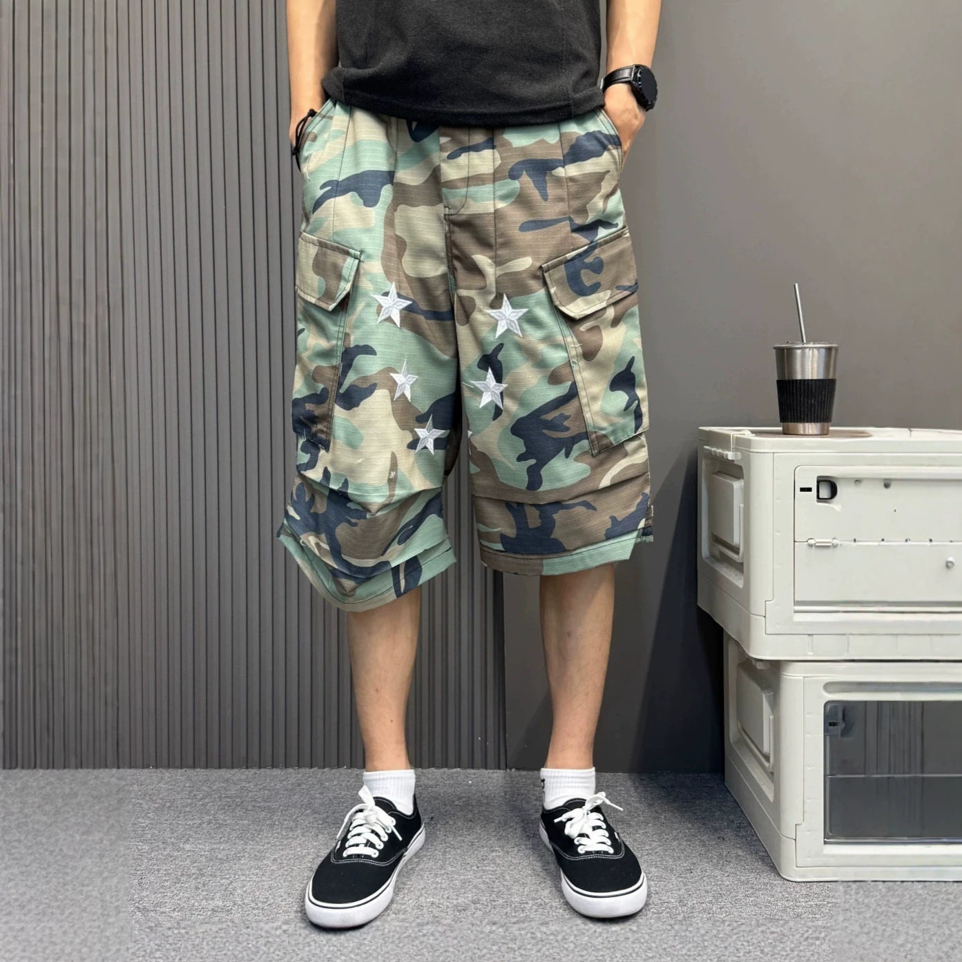 五角星刺绣迷彩工装短裤男夏季多口袋宽松阔腿美式高街潮牌五分裤
