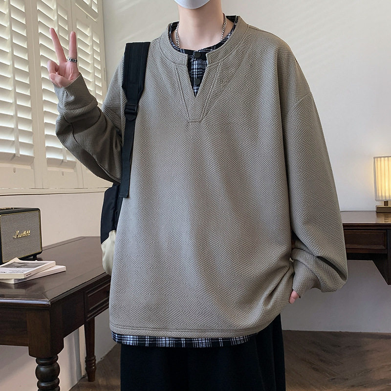 华夫格假两件V领卫衣男春秋季美式复古拼接简约情侣长袖T恤打底衫