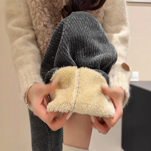 深灰色雪尼尔弯刀裤子女款秋冬季加绒加厚羊羔绒小个子镰刀阔腿裤