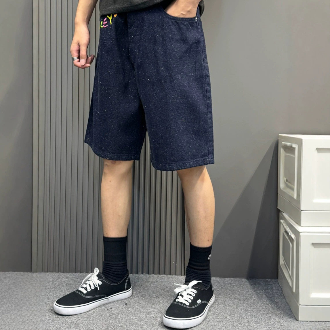 休闲通勤牛仔短裤男女同款夏高街设计感薄款阔腿中裤潮牌五分裤子