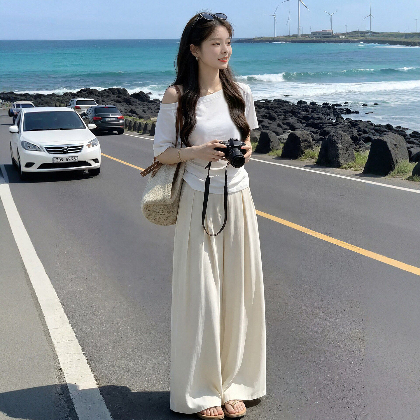 白色纯欲风斜肩一字肩T恤女款夏薄款休闲露肩性感小上衣宽松短袖
