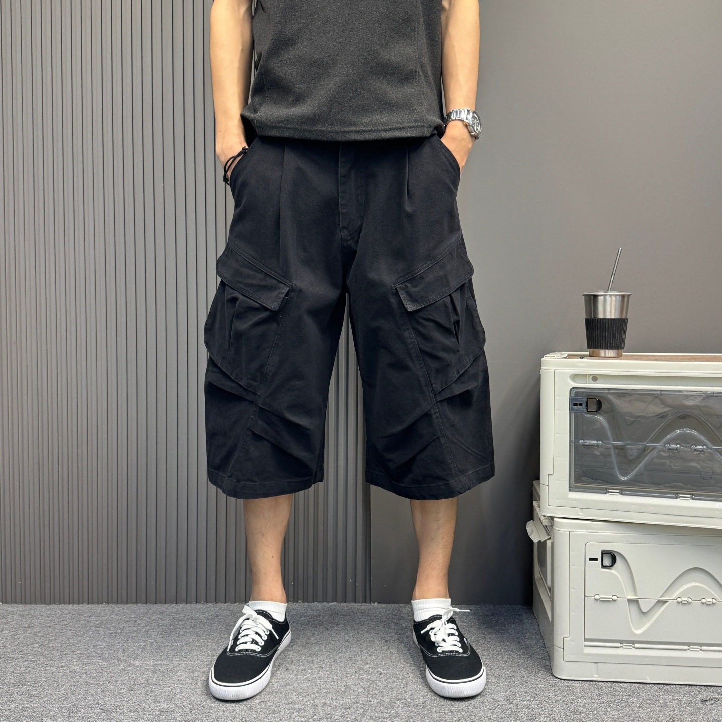 美式复古黑色休闲多口袋宽松工装短裤男女夏季新款阔腿七分裤情侣