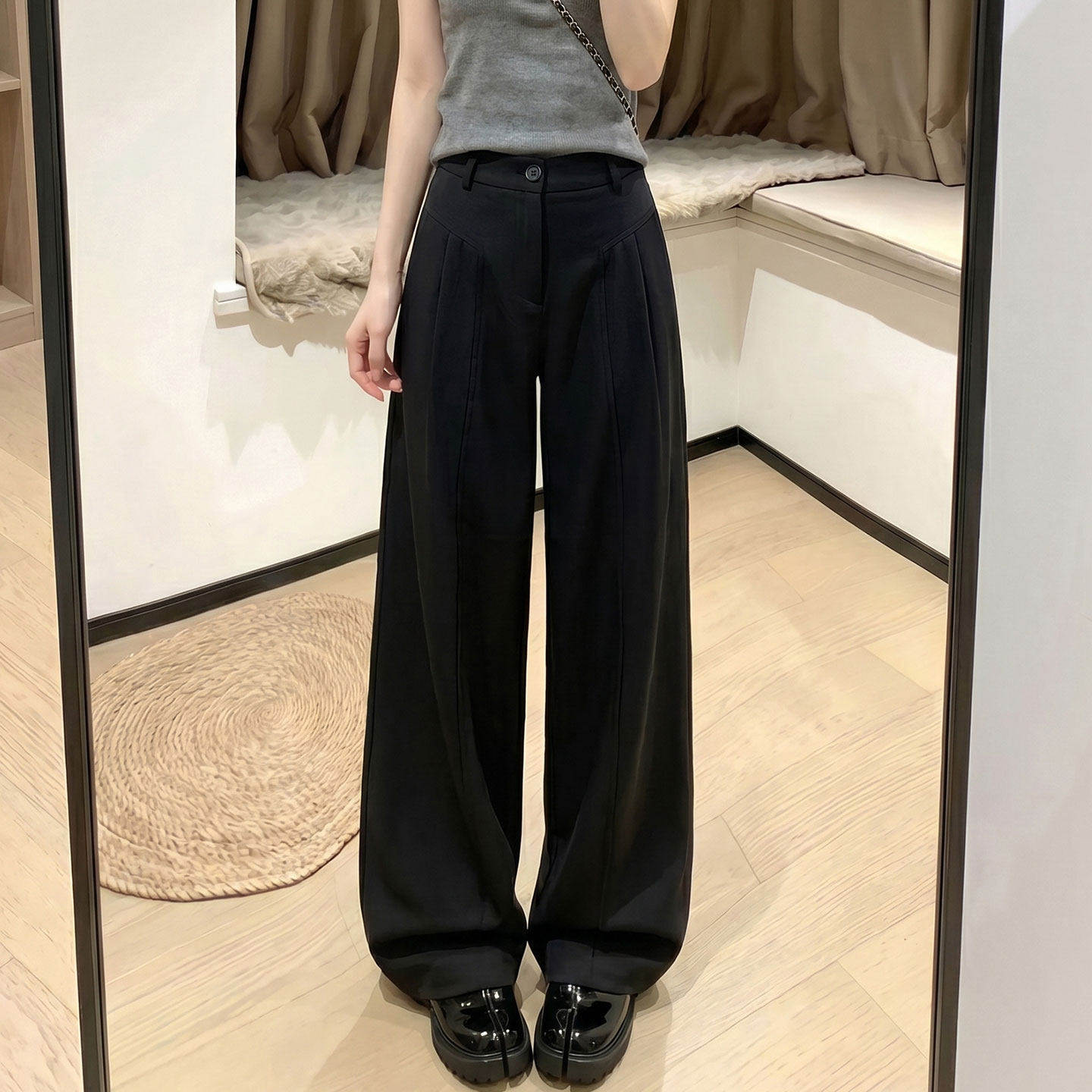 黑色亚麻西装裤女2026新款高级感垂感夏季小个子老钱风棉麻阔腿裤