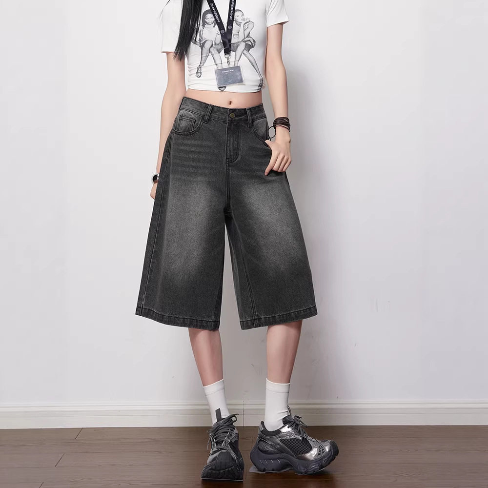 美式复古黑灰阔腿七分牛仔裤女2026夏季新款高腰宽松垂感直筒短裤