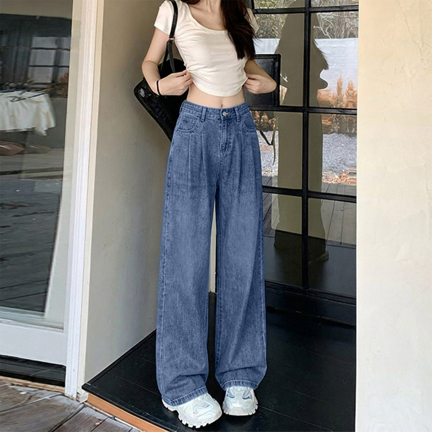 莱赛尔天丝牛仔裤女夏季薄款高腰宽松小个子窄版直筒冰丝阔腿裤子