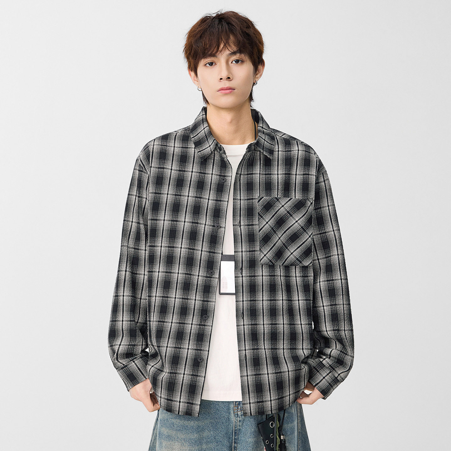 复古格纹衬衫男女同款宽松休闲泡泡纱衬衣外套港味潮牌春秋装上衣
