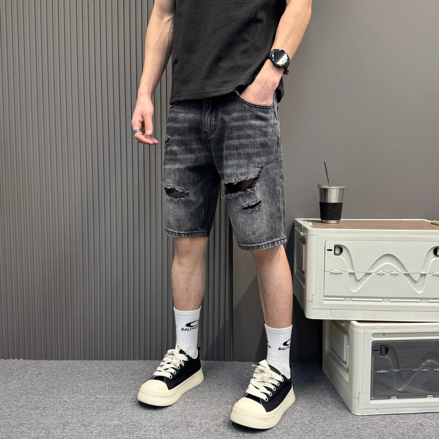 破洞牛仔短裤男夏季新款黑灰色修身小直筒裤美式高街百搭五分裤子