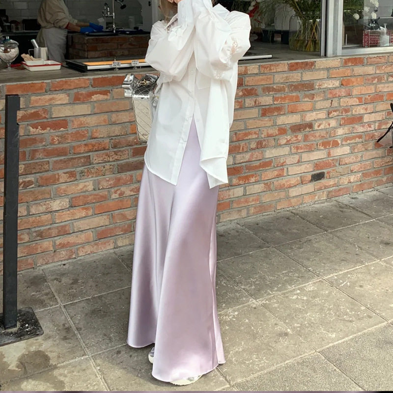 紫色醋酸缎面半身裙女夏季冰丝薄款a字包臀鱼尾新中式中长款裙子