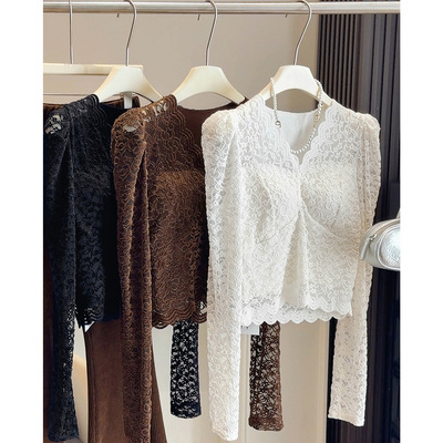 纯欲短款泡泡袖加绒加厚蕾丝打底衫女式秋冬V领修身显瘦长袖上衣