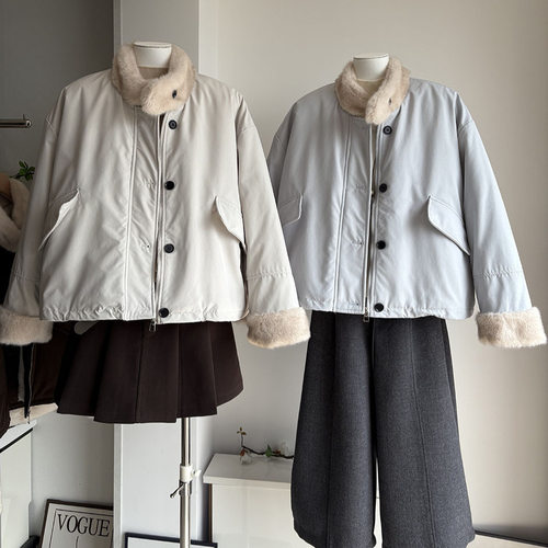 [比正]2026冬季新品韩版毛领内里仿兔毛加绒派克服外套女棉衣7852
