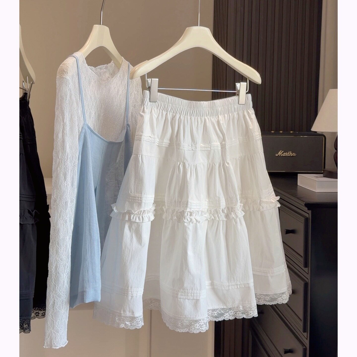 小个子A字蕾丝花边白色蛋糕半身裙女夏新款高腰显瘦五分蓬蓬中裙