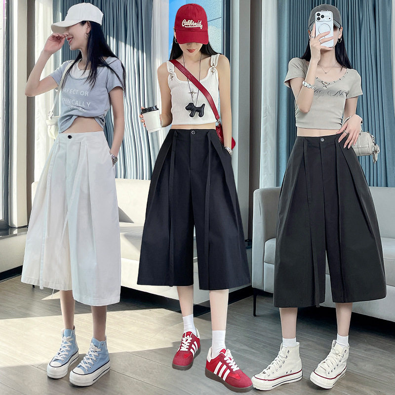 实拍纯色七分阔腿裤女春夏小个子高腰显瘦百搭垂感宽松直筒七分裤