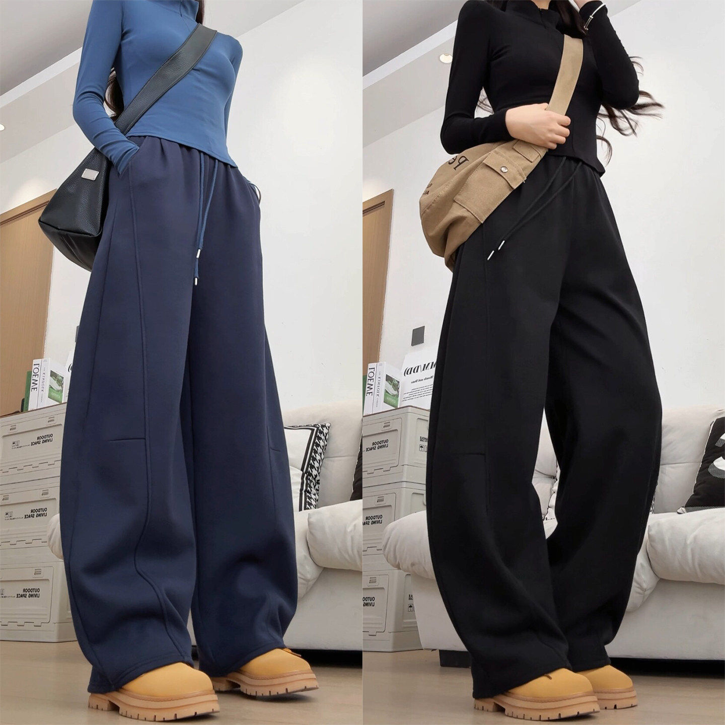 黑色弯刀运动裤女2026新款春秋小个子香蕉阔腿裤宽松大码休闲卫裤