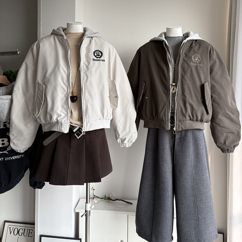 [比正]2026冬季新品韩版卫衣帽拼接假两件刺绣棉衣女宽松外套7862