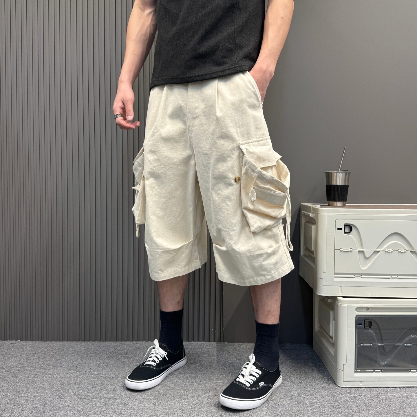 日系原宿复古风工装短裤男女美式休闲大口袋宽松水洗阔腿七分中裤