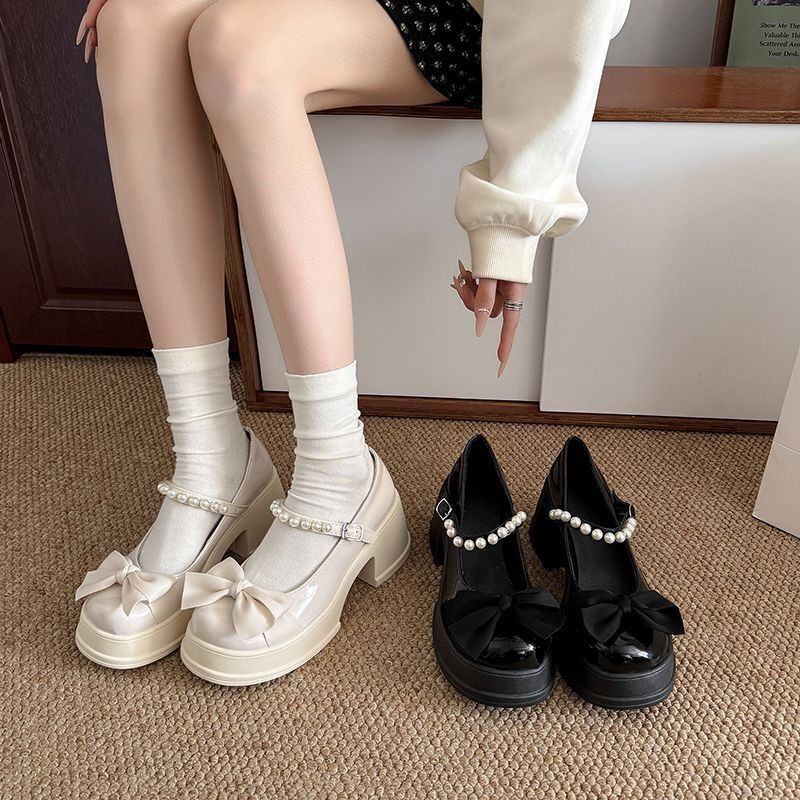 白色蝴蝶结厚底粗跟小皮鞋女2026新款春秋圆头百搭高跟玛丽珍鞋子