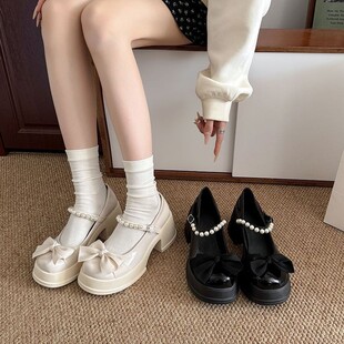 白色蝴蝶结厚底粗跟小皮鞋女2026新款春秋圆头百搭高跟玛丽珍鞋子