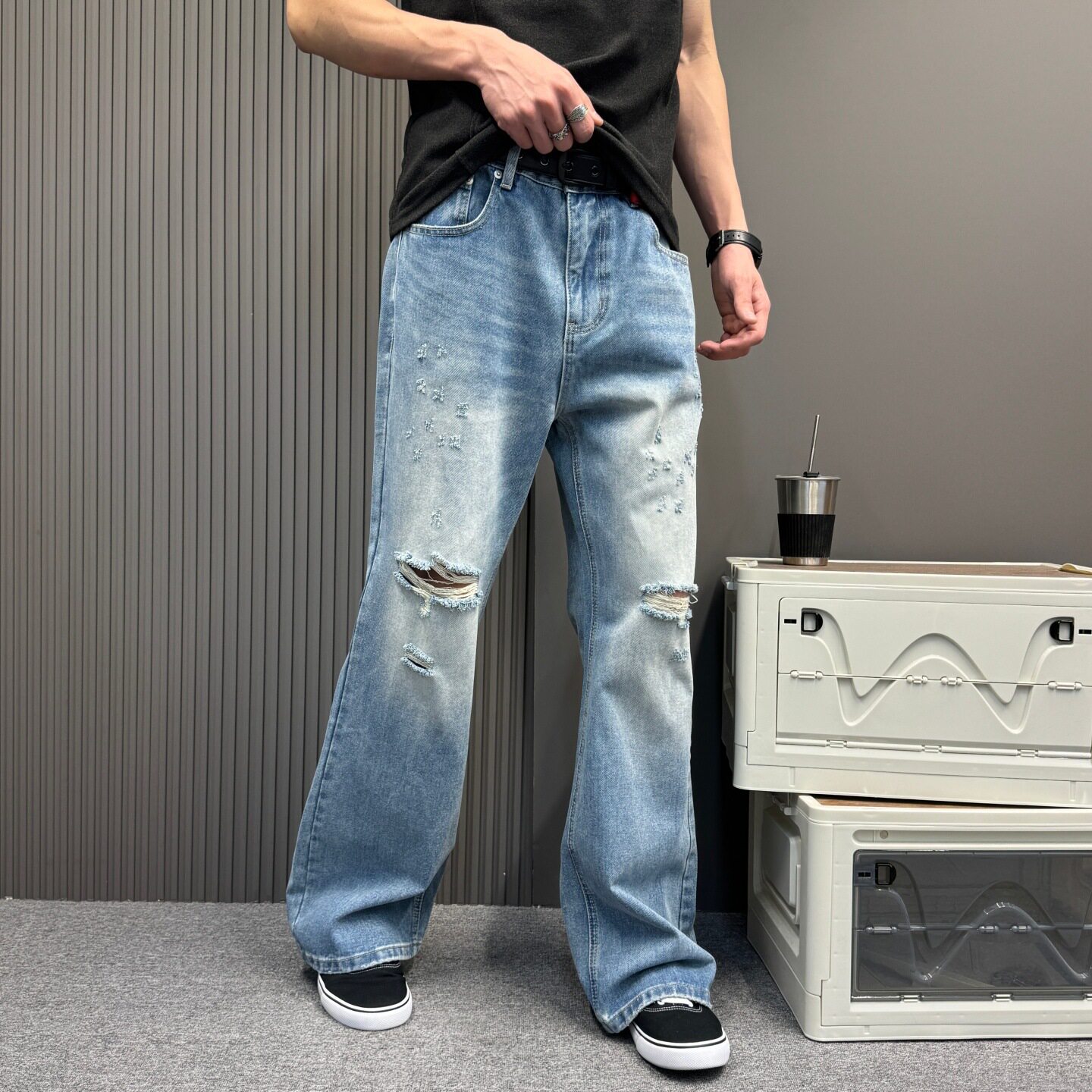 美式街头水洗刀割破洞牛仔裤男女潮牌大码宽松喇叭裤百搭休闲长裤