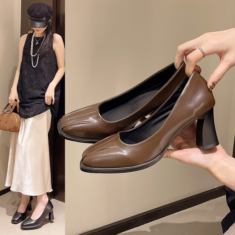 时尚女鞋方头高跟鞋女2026外贸新款粗跟春夏秋小个子配裙子单鞋女