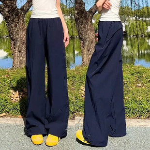 藏青色速干工装裤女2026新款夏季薄款直筒运动裤小个子窄版阔腿裤