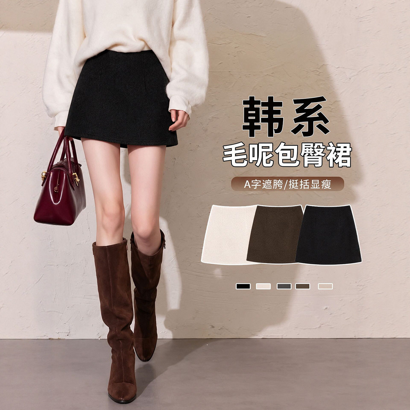 黑色毛呢短裙女秋冬2026新款a字半身裙高腰显瘦小个子羊毛包臀裙