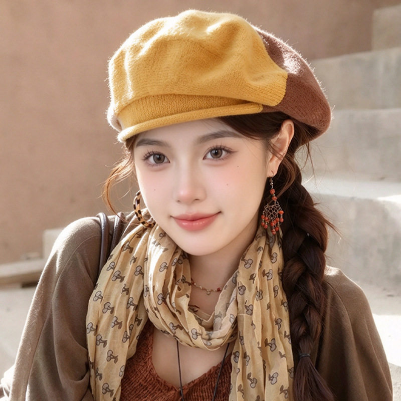 韩系复古拼色针织帽秋季大头围显脸小贝雷帽子女款2026新款画家帽