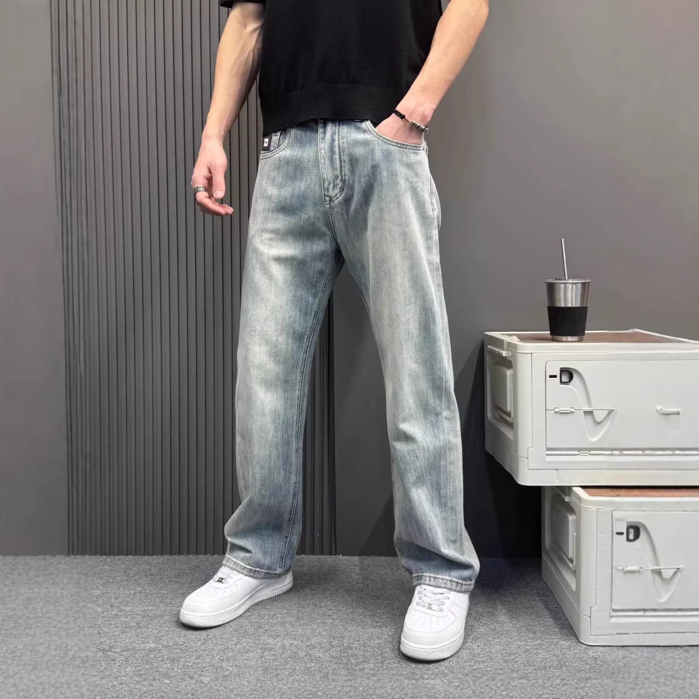 浅蓝色阔腿牛仔裤男宽松直筒垂感拖地裤夏季潮牌高级感休闲长裤