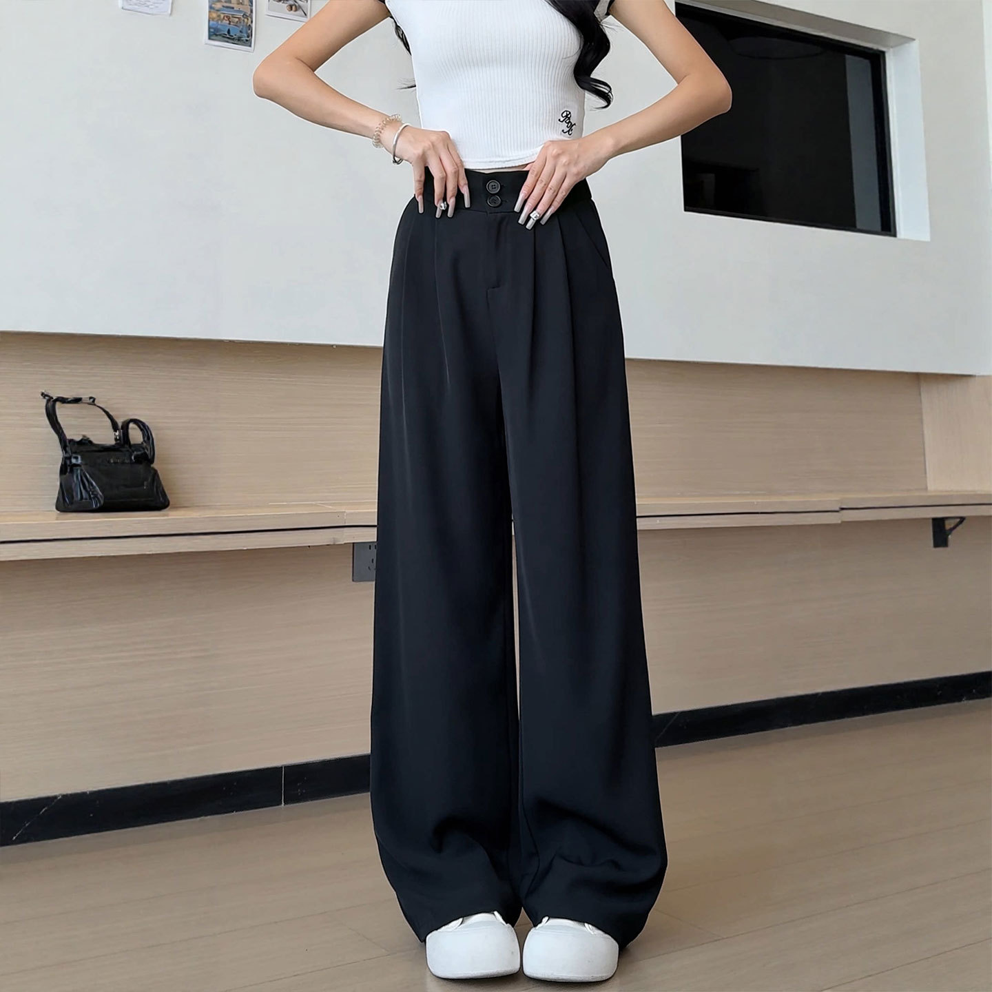 黑色西装裤夏薄款女胖mm大码高级感垂感休闲裤宽松直筒冰丝阔腿裤
