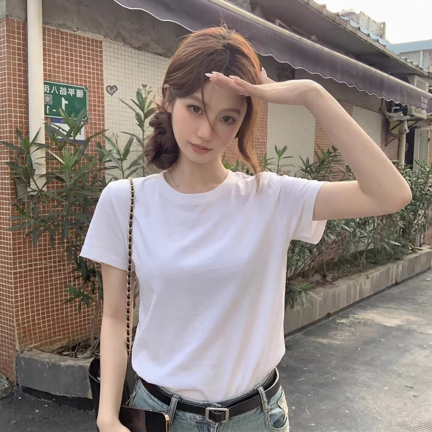 白色正肩短袖t恤女2026新款夏季内搭打底衫修身大码女装早春上衣