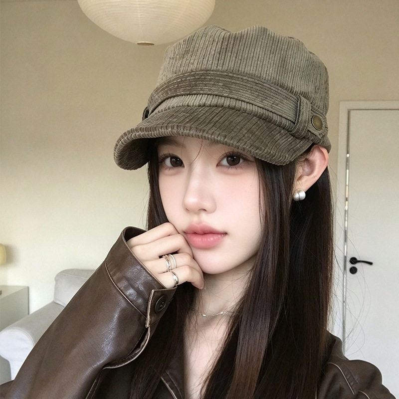 复古灯芯绒简约平顶鸭舌帽子女秋冬季时尚百搭显脸小金属扣马术帽