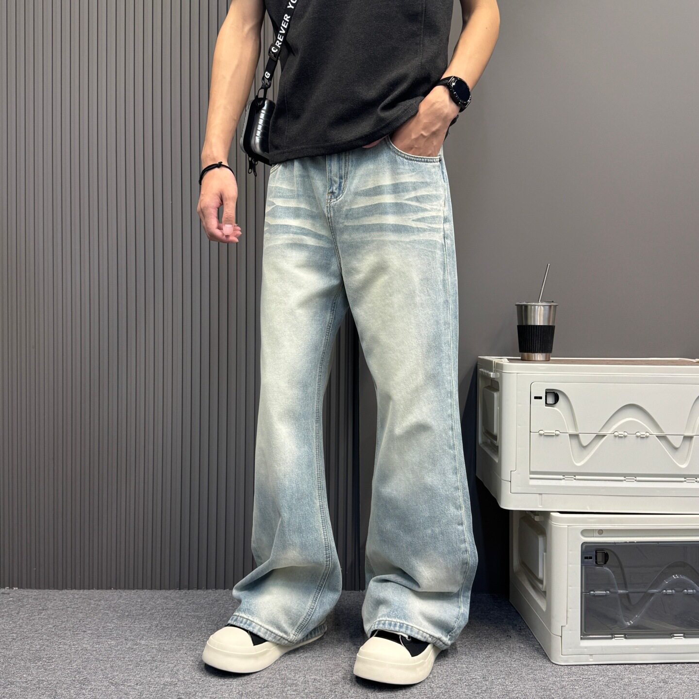 美式浅蓝阔腿牛仔裤男夏季新款小个子宽松显瘦垂感微喇拖地直筒裤