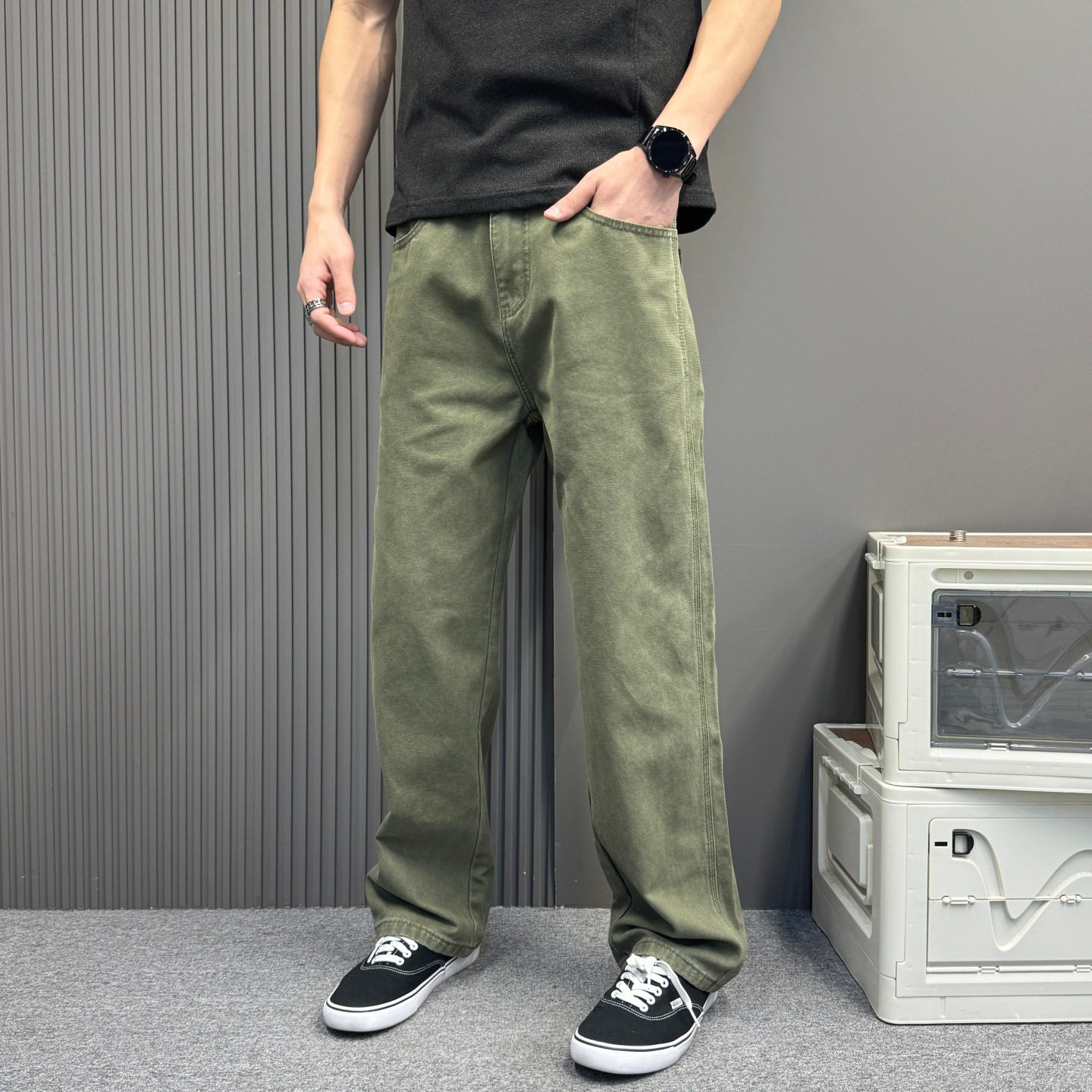 复古军绿色重磅廓形直筒牛仔裤男小众宽松简约百搭通勤水洗阔腿裤图片