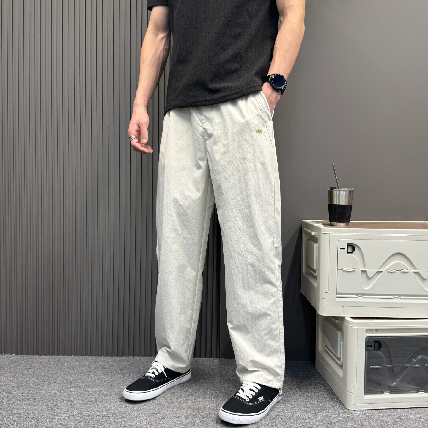 抽绳弯刀休闲裤男夏季2026新款松弛感纯色远动宽松显瘦显高镰刀裤