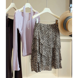 豹纹雪纺垂感半身裙女薄款夏新款2026高腰a字裙不规则蛋糕中裙子