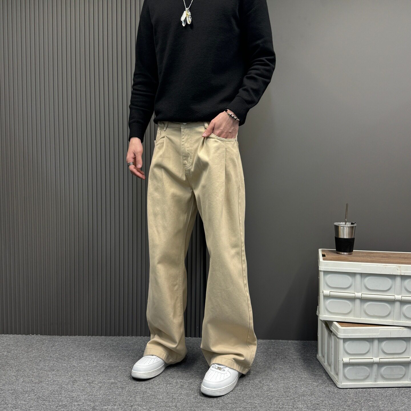 日系复古休闲裤折皱设计男女潮牌廓形拖地休闲日系水洗阔腿牛仔裤