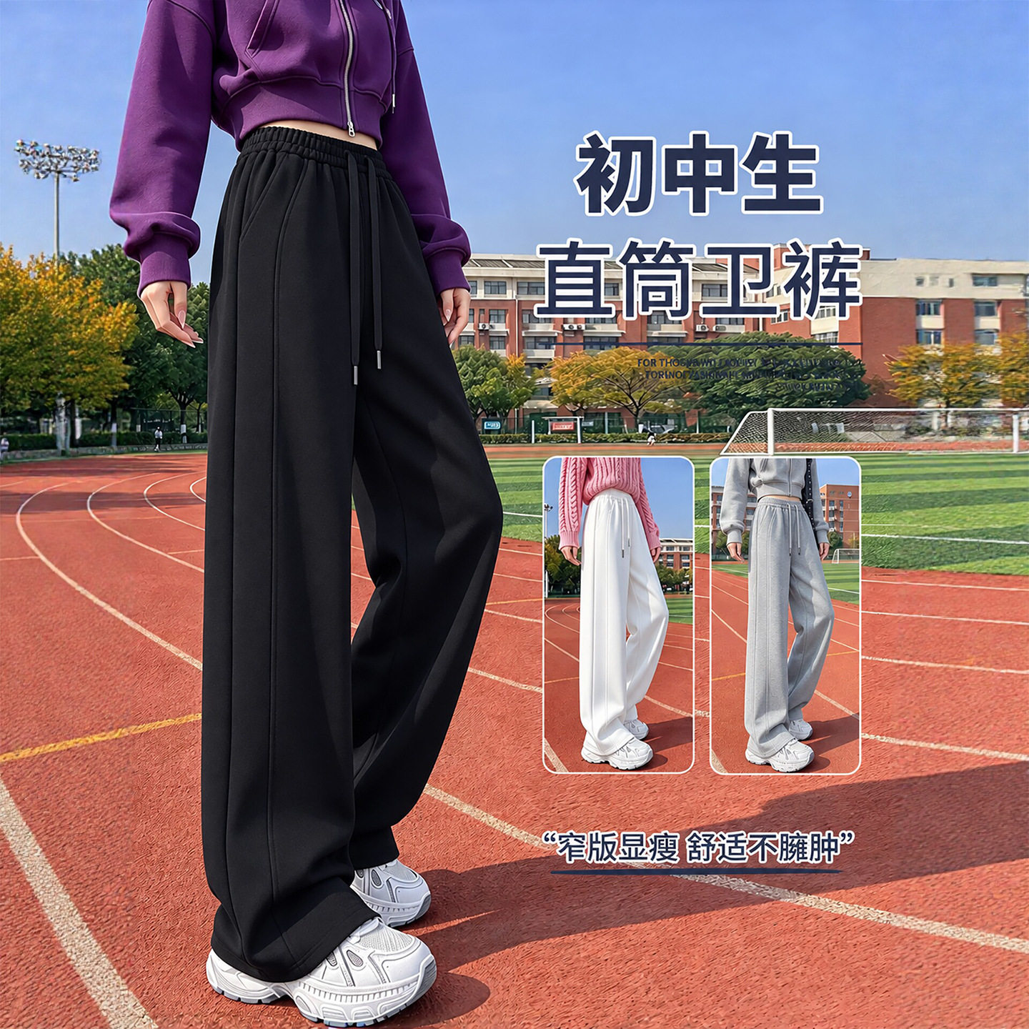 黑色羊羔绒运动裤女秋冬加绒加厚棉裤外穿小个子窄版直筒阔腿卫裤