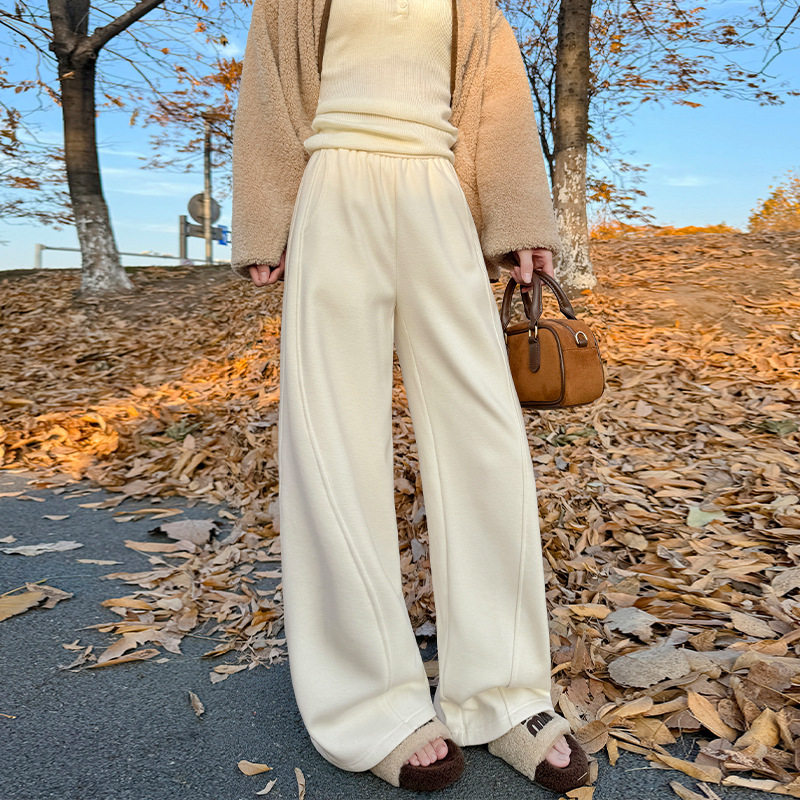 白色加绒阔腿裤女装新款冬装高腰垂感糯米裤直筒小个子软糯休闲裤