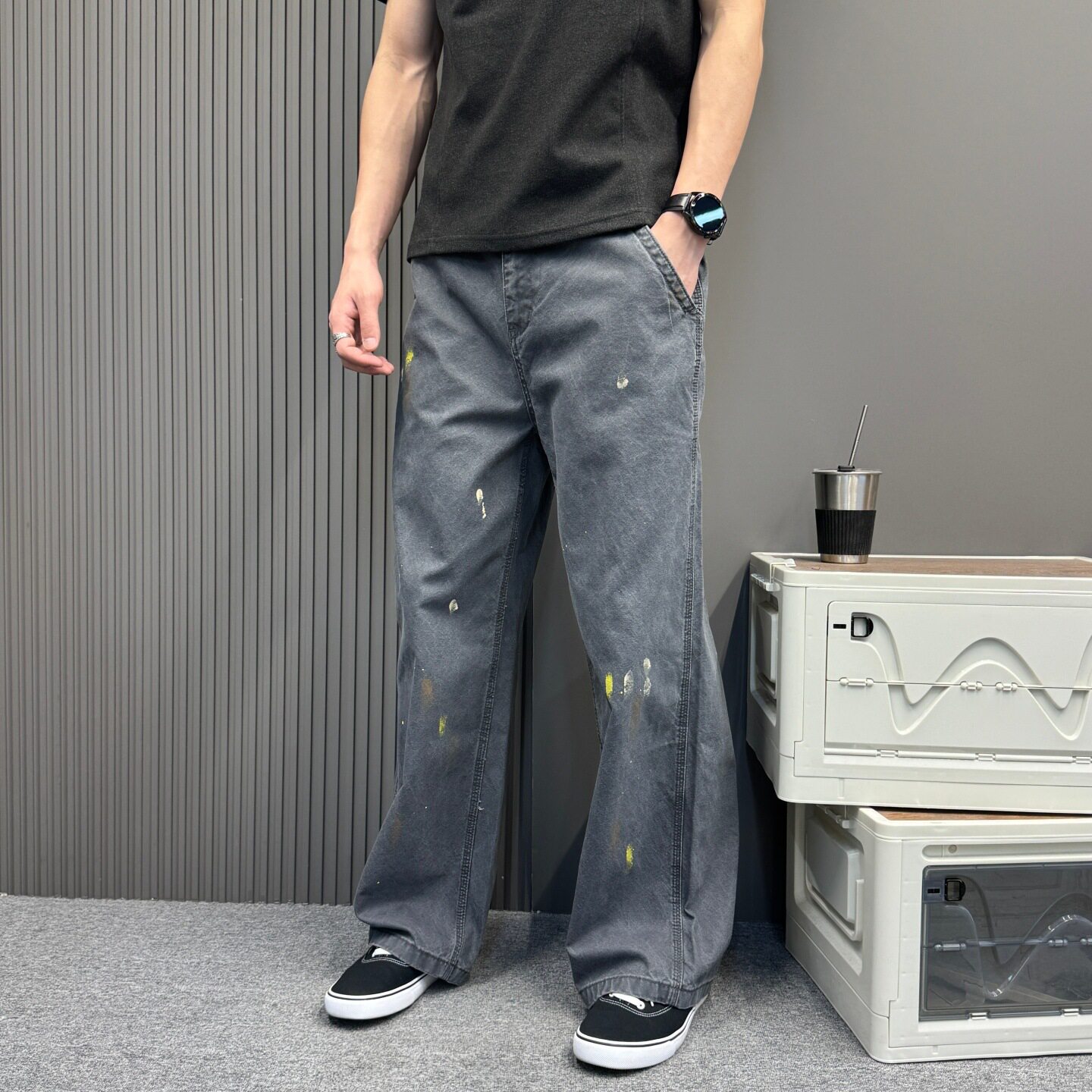 美式复古水洗泼墨牛仔裤男 宽松直筒阔腿裤显瘦百搭潮牌工装长裤
