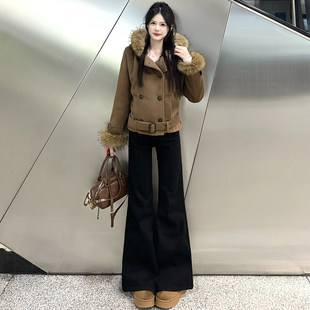 黑色加绒微喇叭裤女裤子秋冬季加厚大码胖mm小个子高腰显瘦西装裤