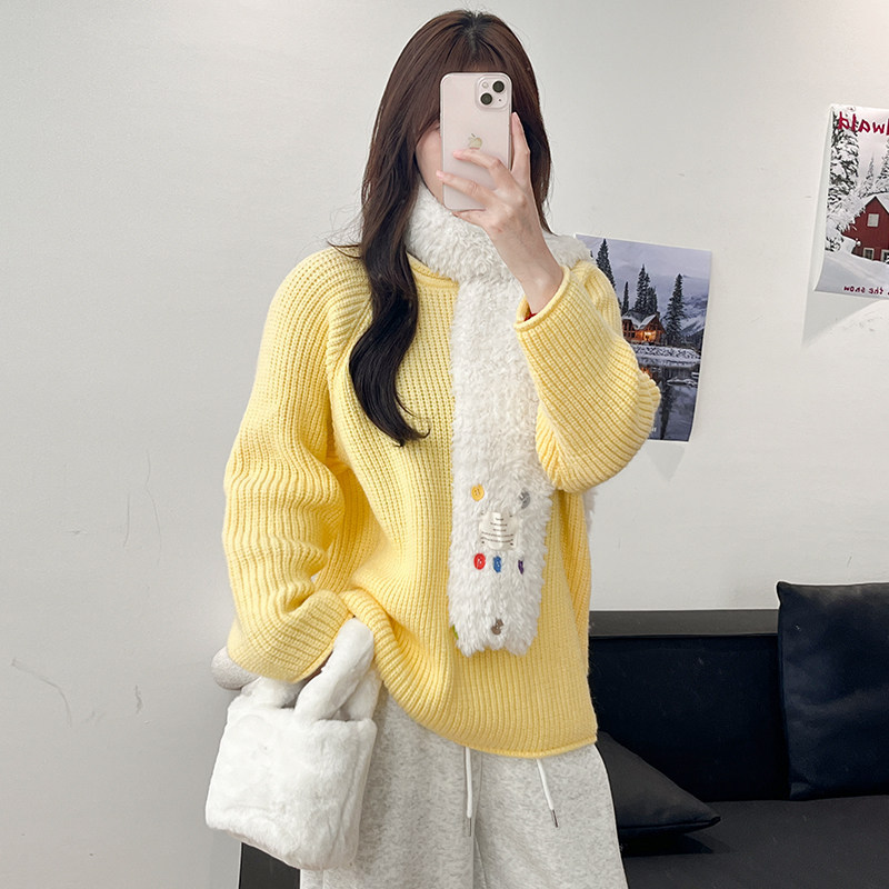 黄色卷边软糯针织毛衣女款2026新款秋冬季外穿小个子圆领套头上衣