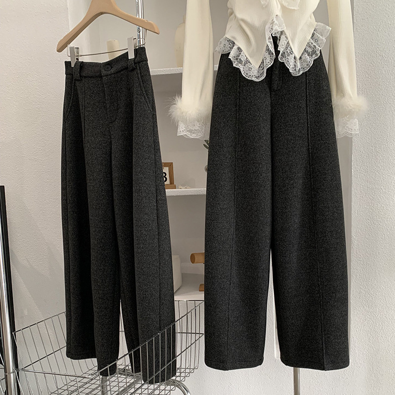 欧玛莱 直筒加绒加厚长裤女冬季新款高腰休闲简约百搭阔腿裤 5737