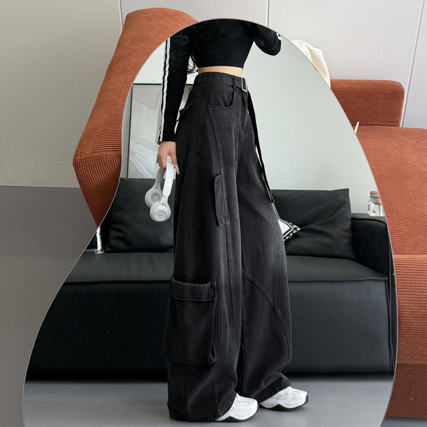 美式工装牛仔裤子女2026新款春秋小个子酷飒风显瘦黑色弯刀阔腿裤