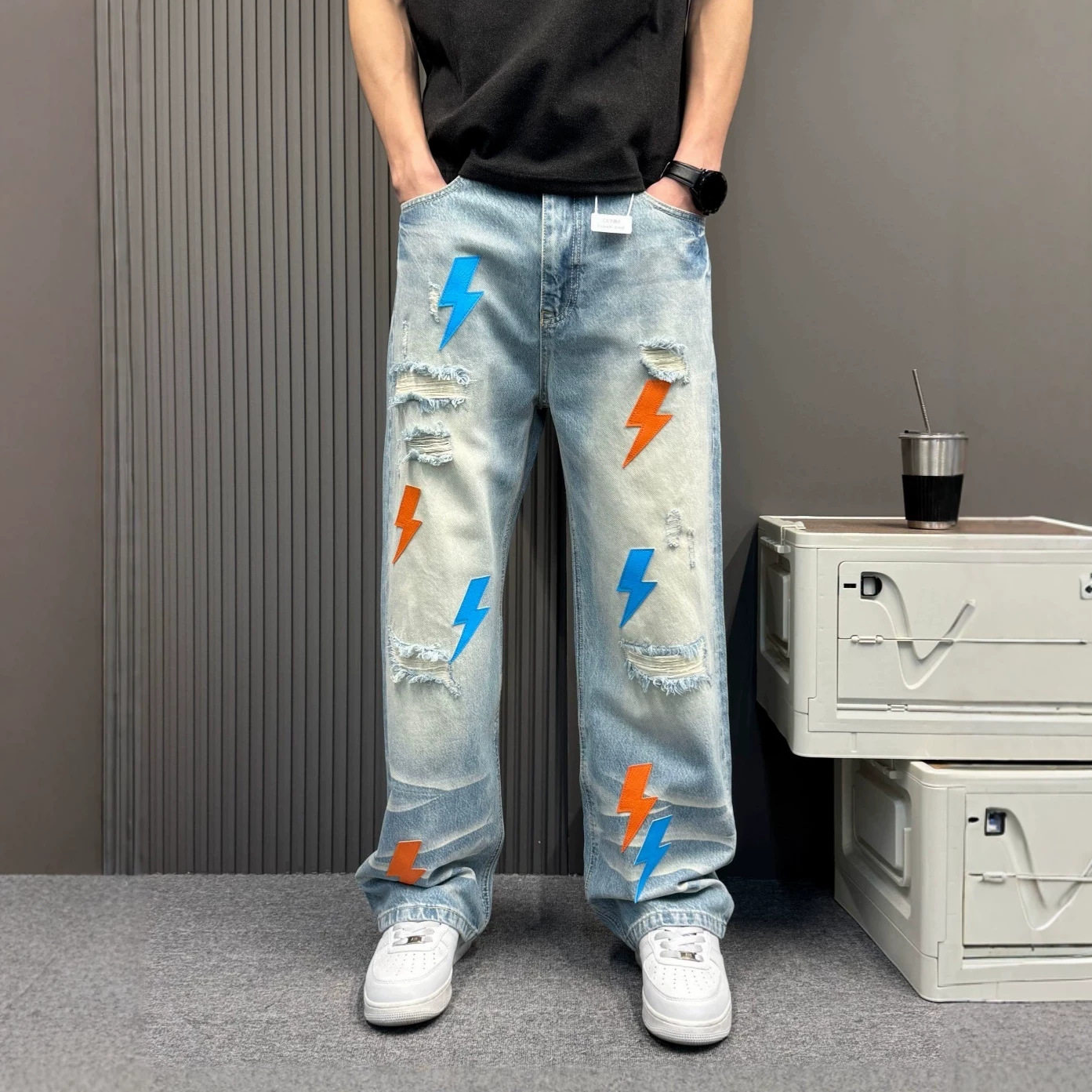 vibe 风做旧水洗牛仔裤男 撞色闪电刺绣宽松阔腿直筒垂感拖地长裤