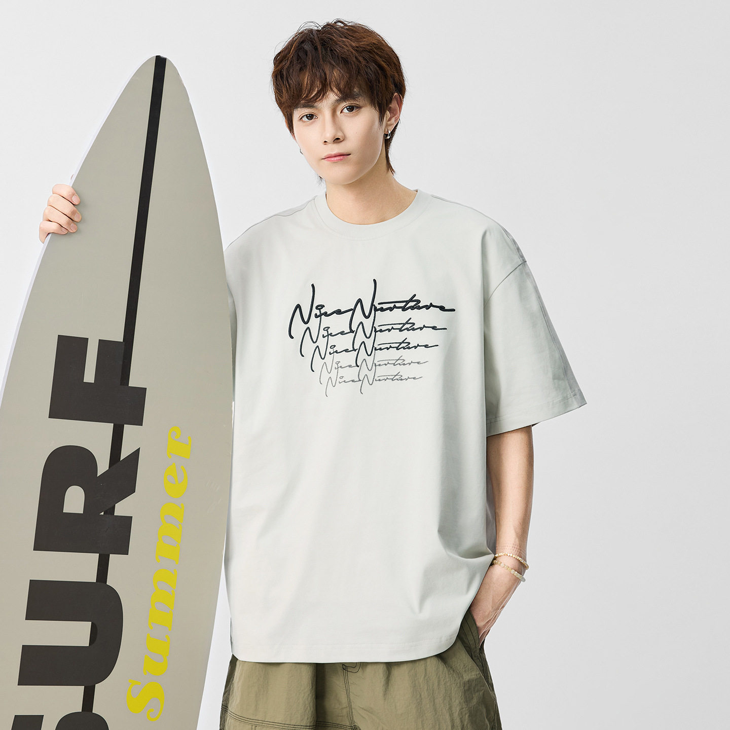 重磅宽松圆领打底潮流休闲短袖T恤男士日系复古拼接刺绣体恤衫