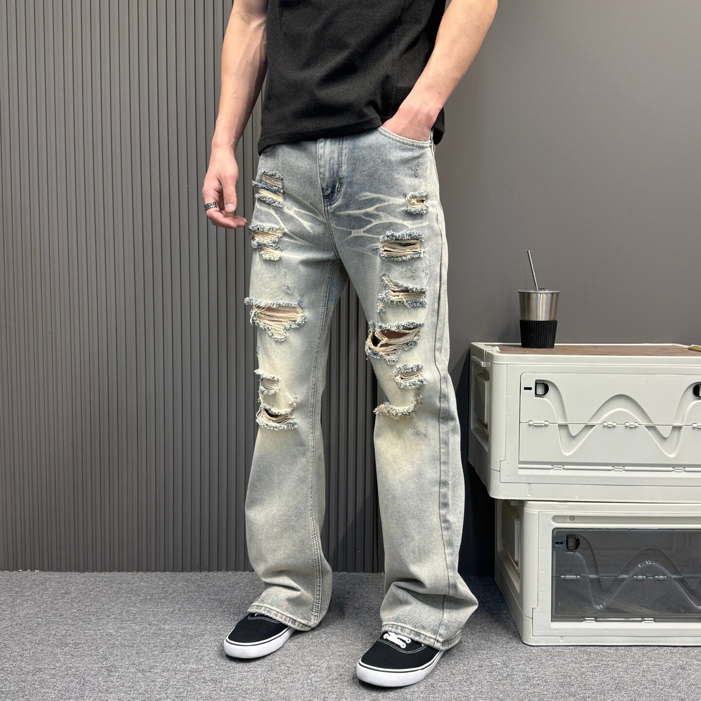 美式高街黄泥破洞牛仔裤男款夏季直筒显瘦微喇乞丐cleanfit裤子潮