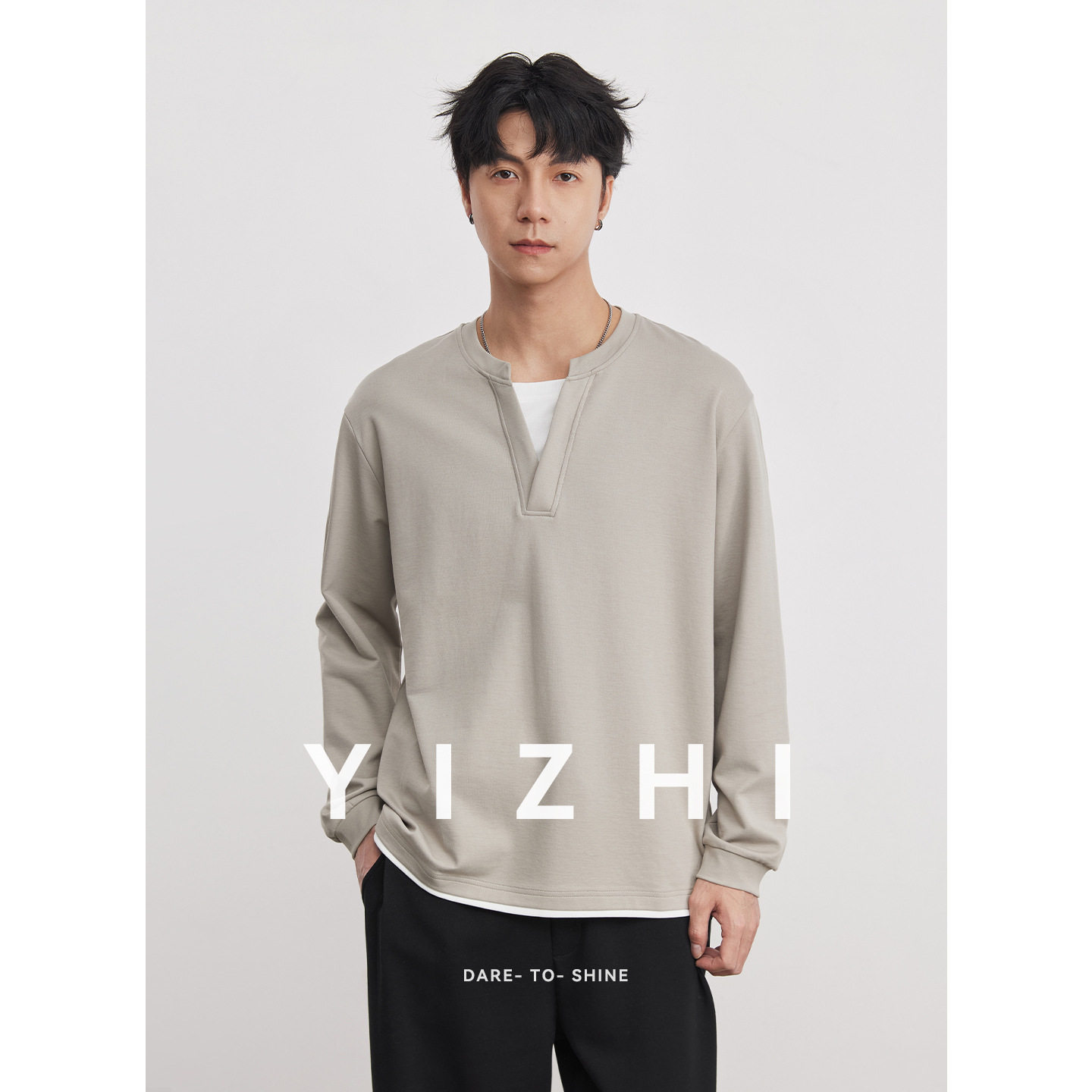 亦止日系简约假两件亨利领卫衣男春季宽松V领长袖T恤休闲百搭男装