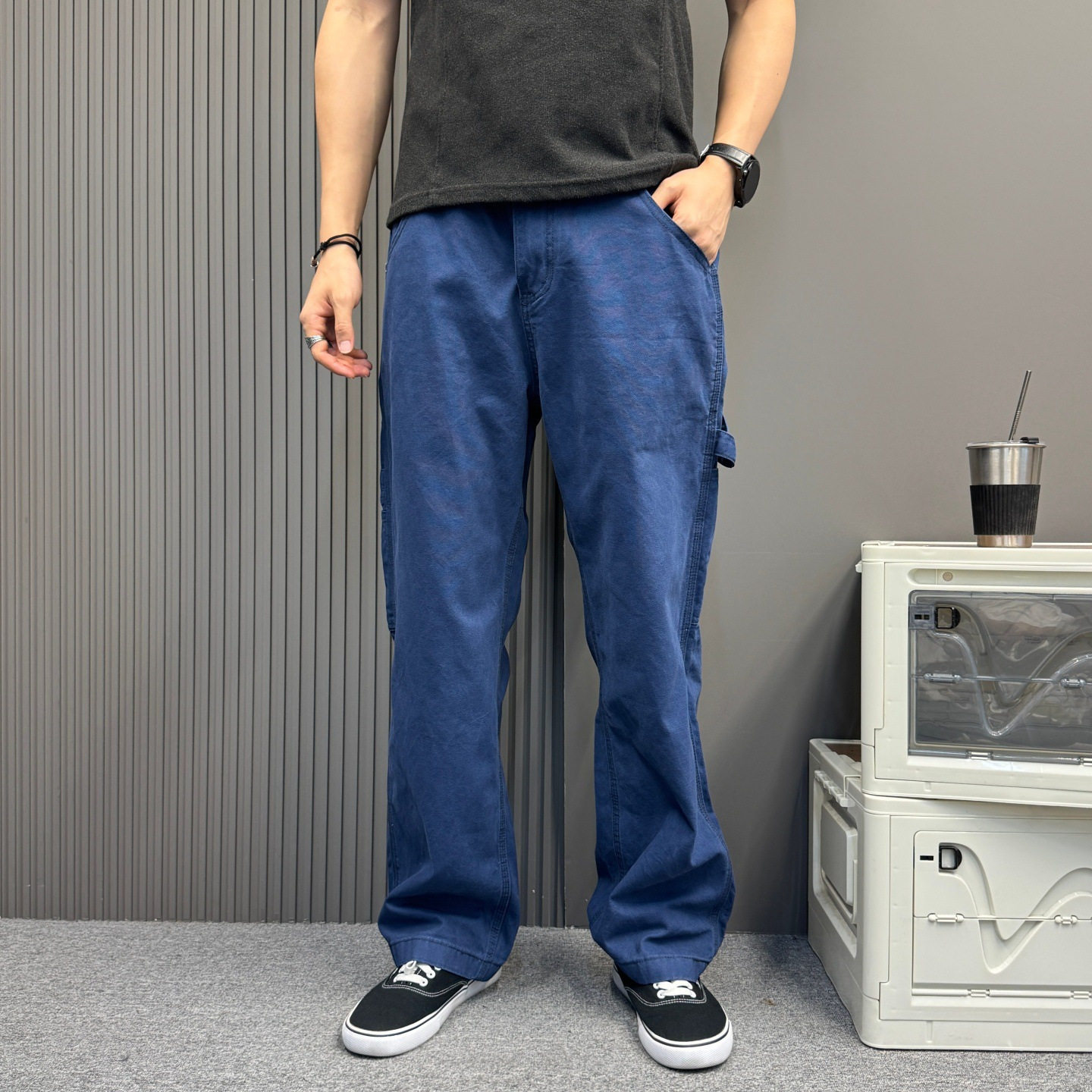 美式工装裤设计牛仔裤男女同款潮牌水洗蓝色直筒宽松百搭休闲裤子